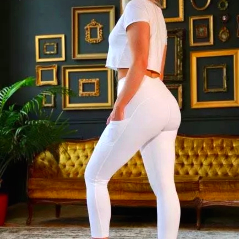 White high-waist 3 pocket gym leggings